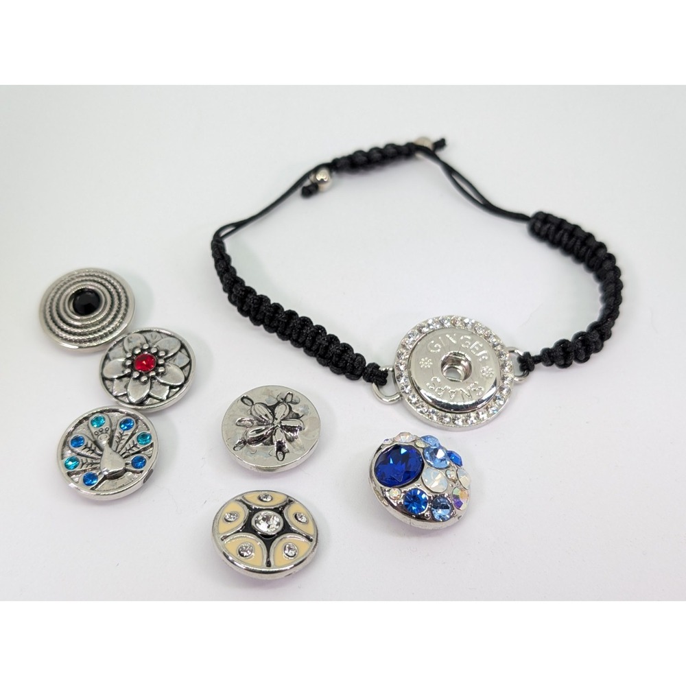 Ginger Snaps Brand Bracelet w/6 Snaps Rhinestones Black Cord Fashion‎